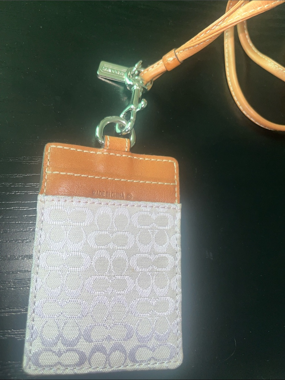 Coach Signature Lanyard Card Holder in Tan and White